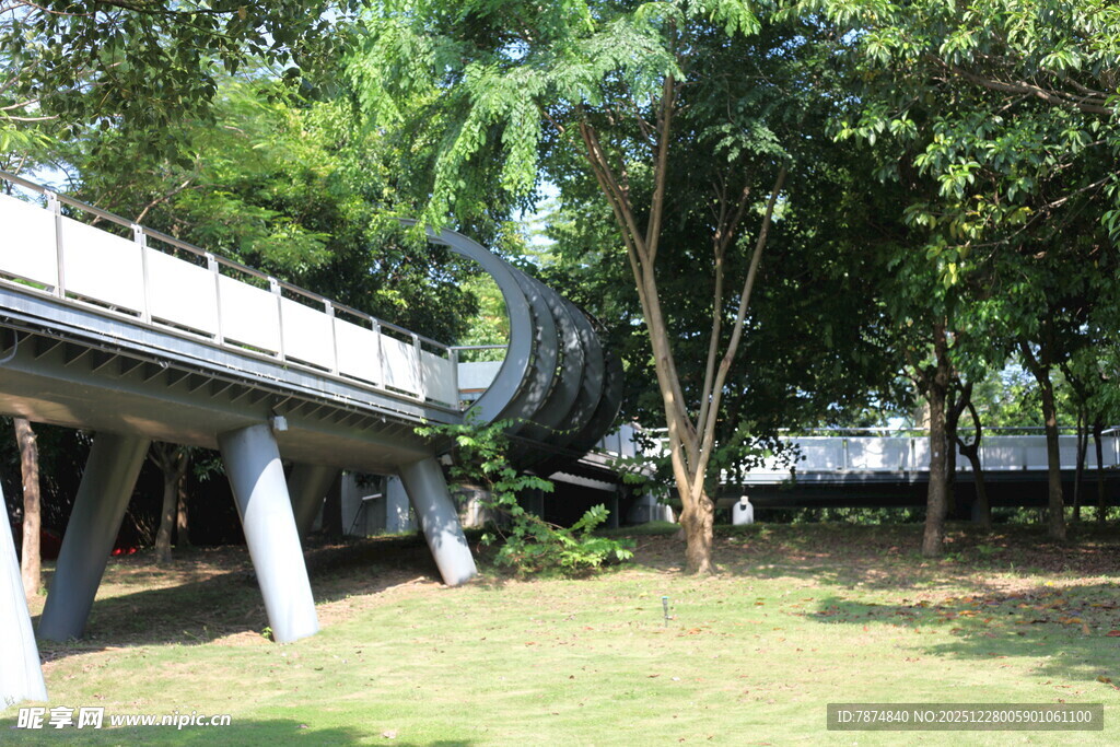 户外草地旁的弧形木质廊架