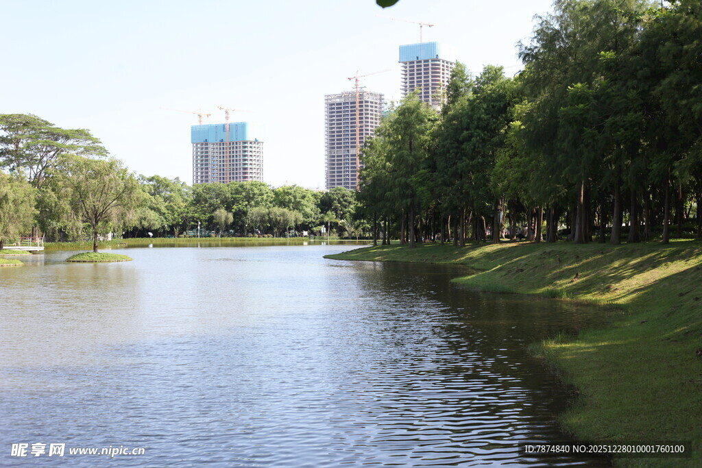 城市河畔绿树环绕美景