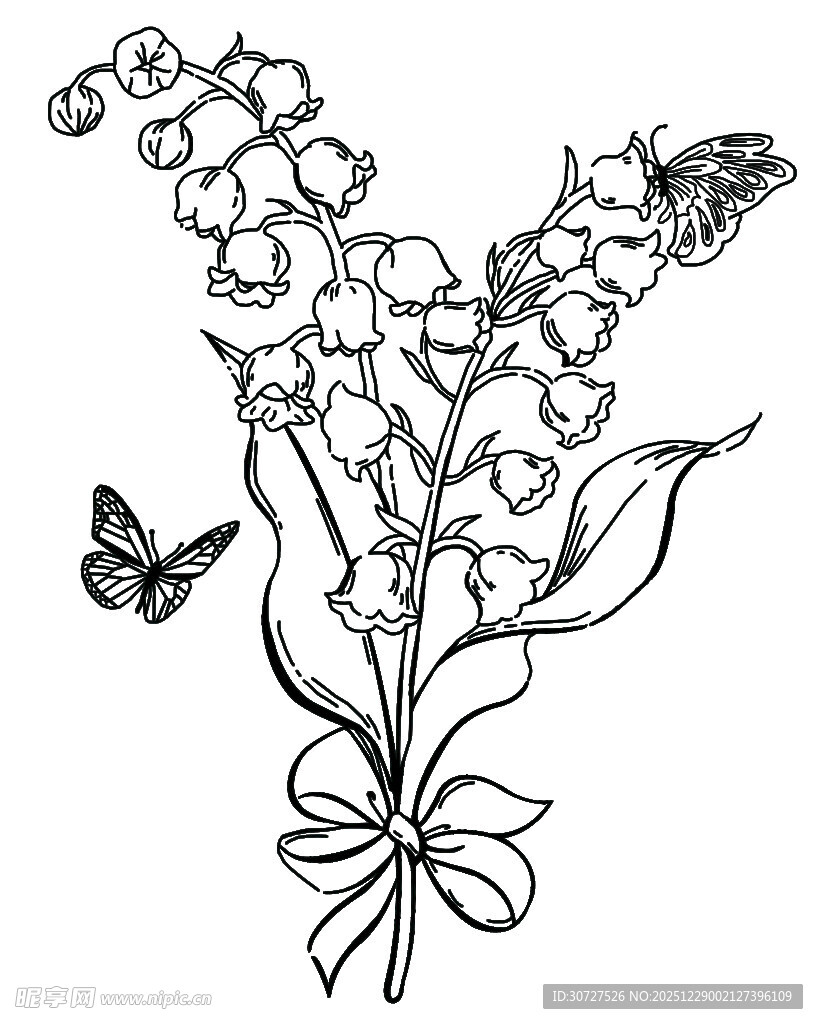 铃兰花束与蝴蝶插画