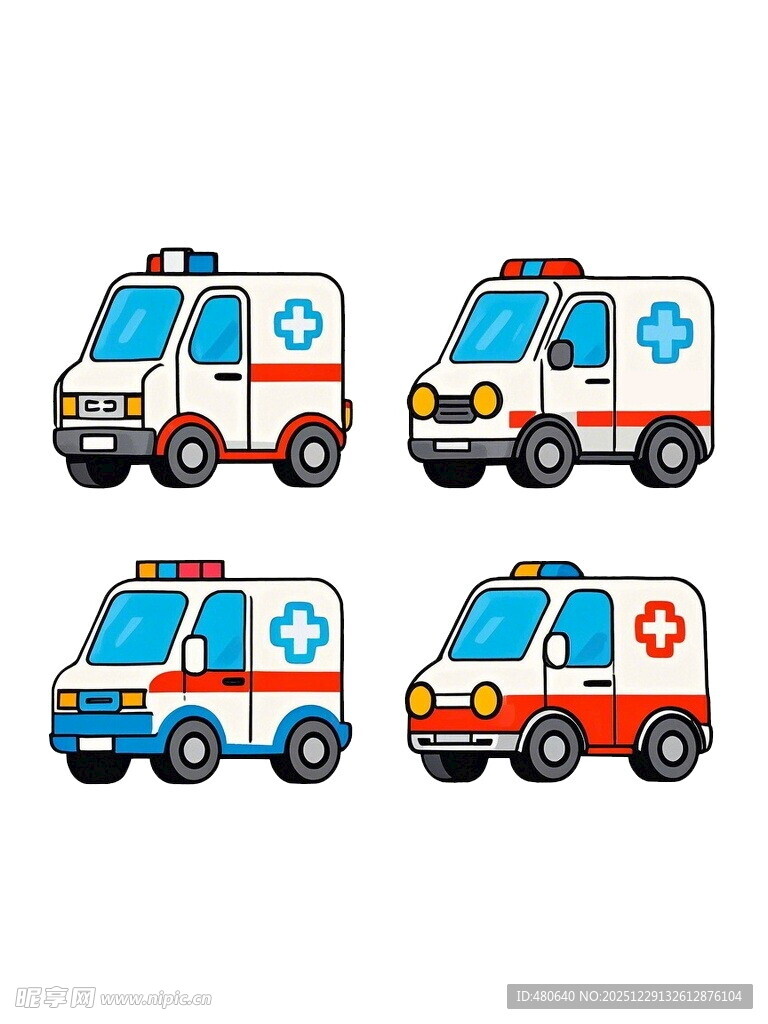 四辆卡通风格急救车