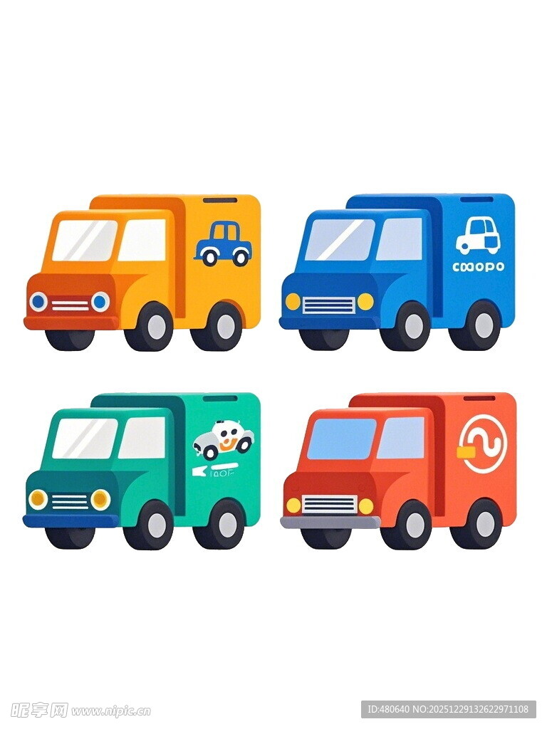 四辆卡通风格多彩小货车