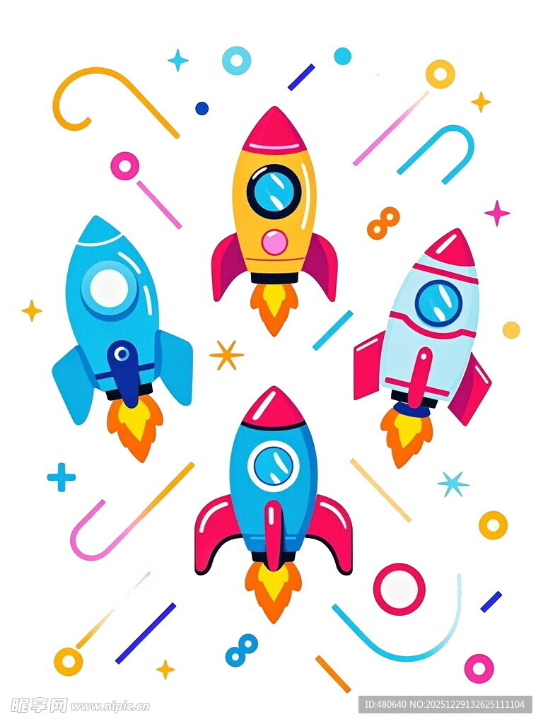多彩卡通火箭插画