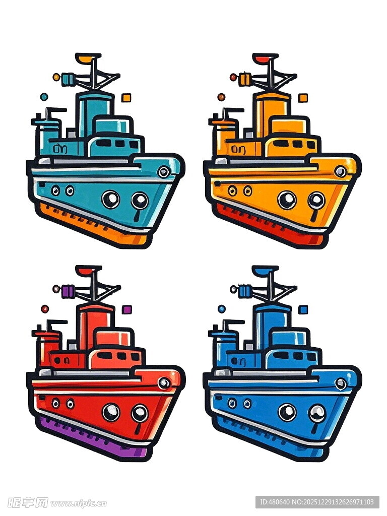 四艘卡通风格船只图案
