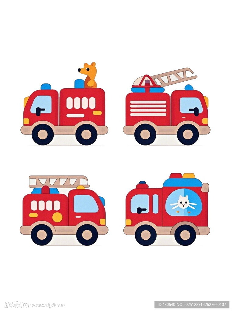 四辆卡通消防车图案