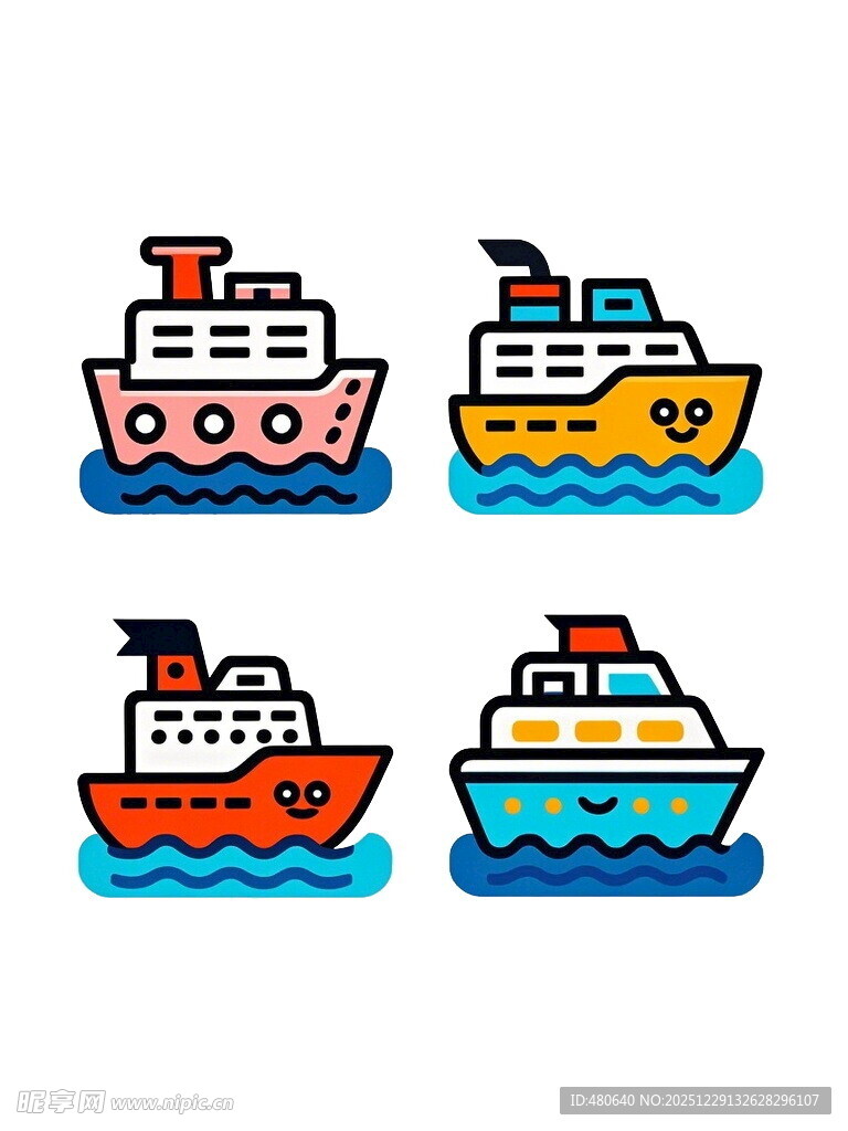 多彩卡通船只图标集合