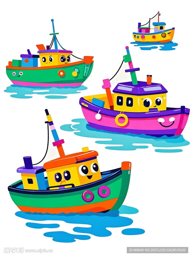彩色卡通小船在水面航行