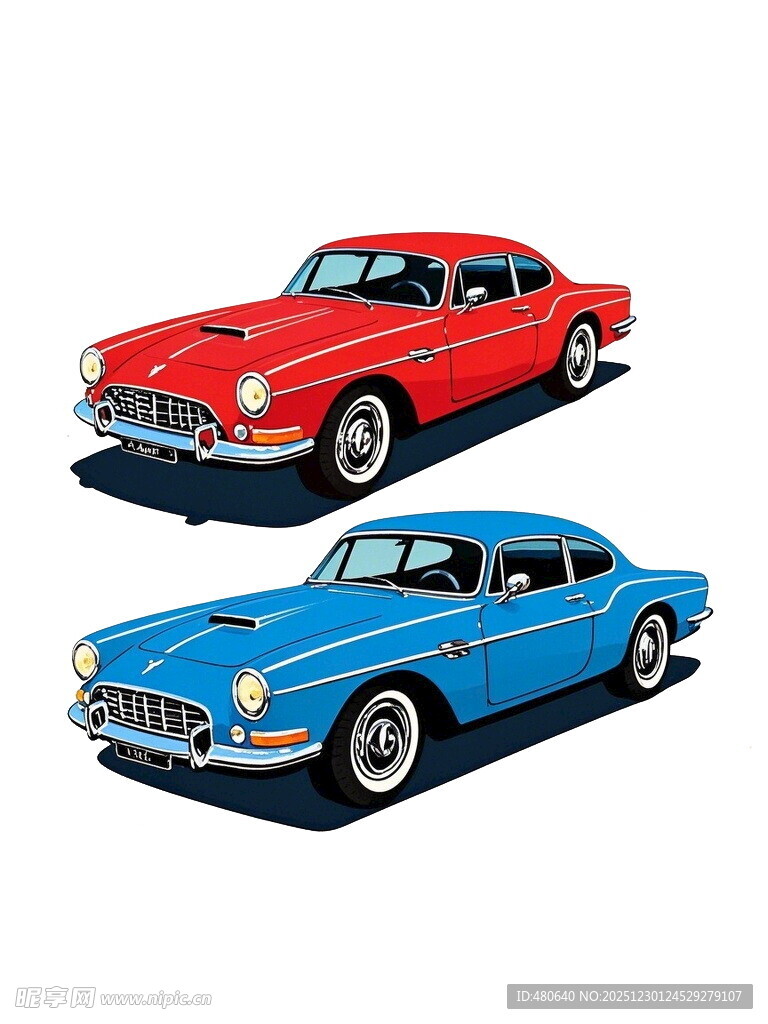 复古红蓝双车插画