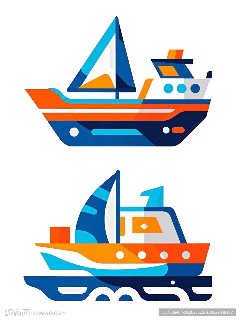 两艘多彩帆船图案设计