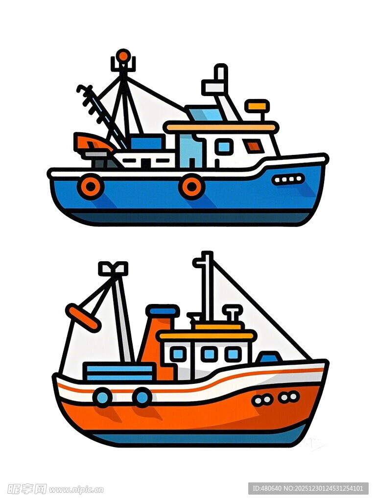 两艘彩色渔船插画