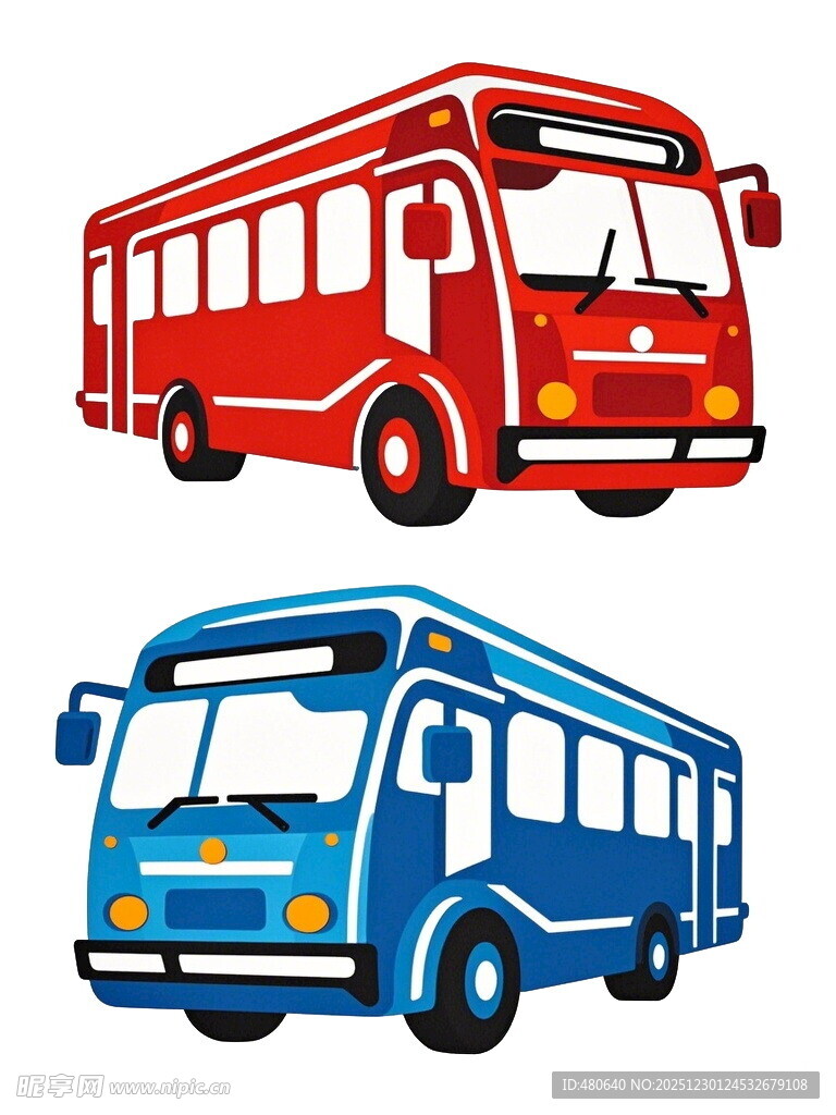 红蓝两辆卡通风格公交车