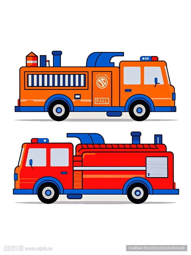 两辆色彩鲜艳的卡通消防车