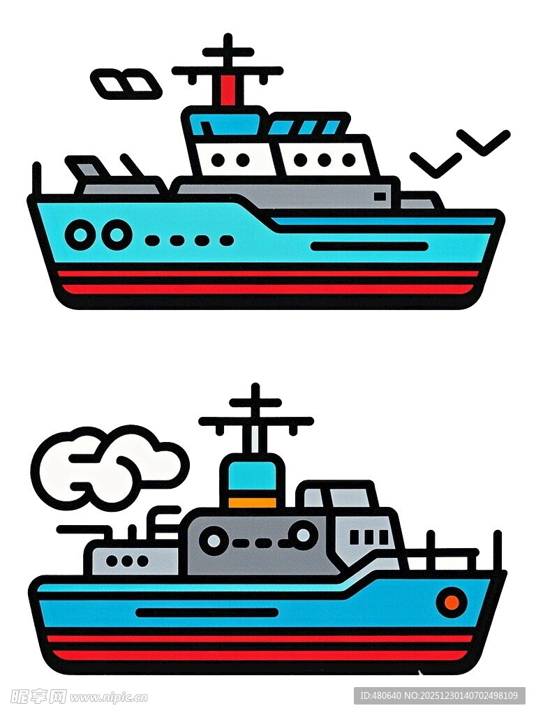 两艘彩色船只插画