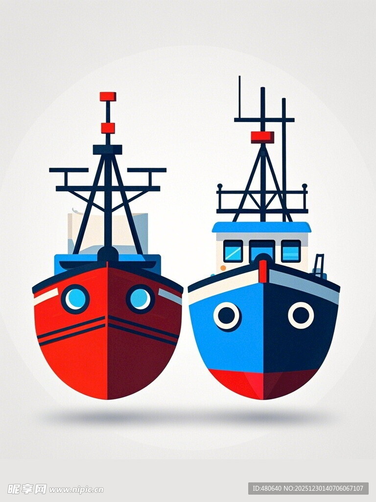 两艘卡通风格的彩色渔船