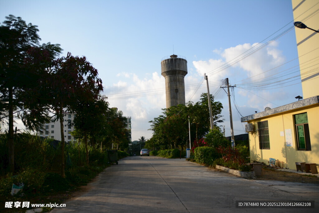 乡村路旁的水塔与建筑