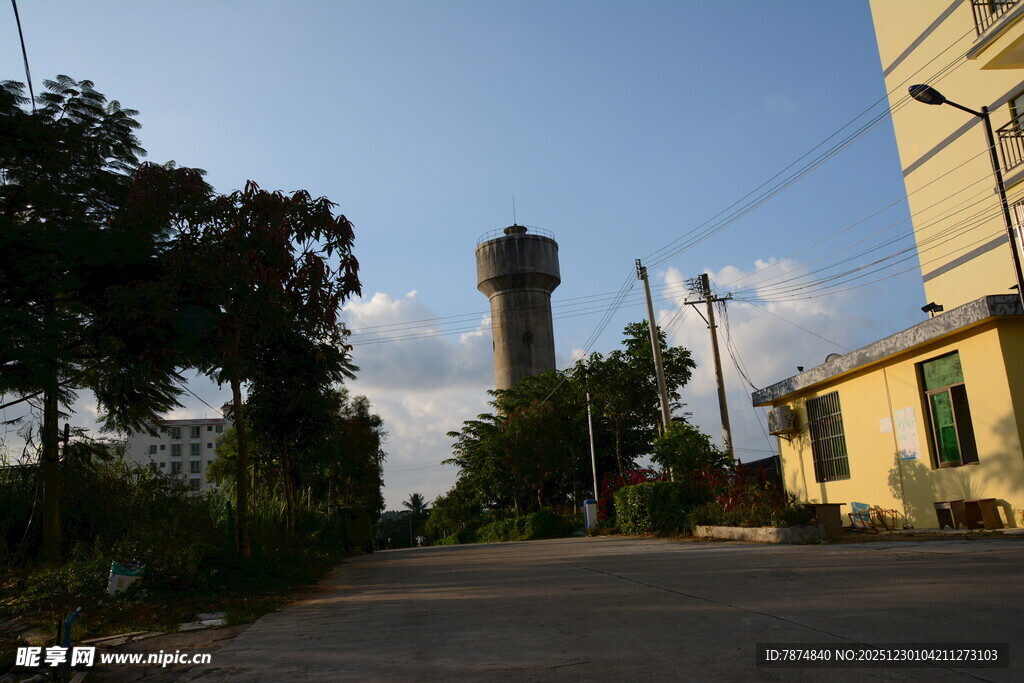 乡村路旁的水塔与建筑