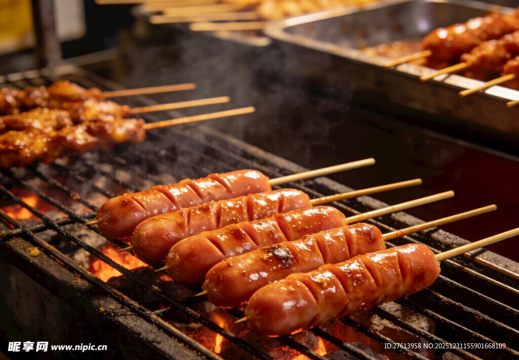 烤架上的美味烤肠