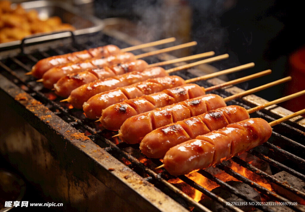 炭火上烤制的美味香肠串