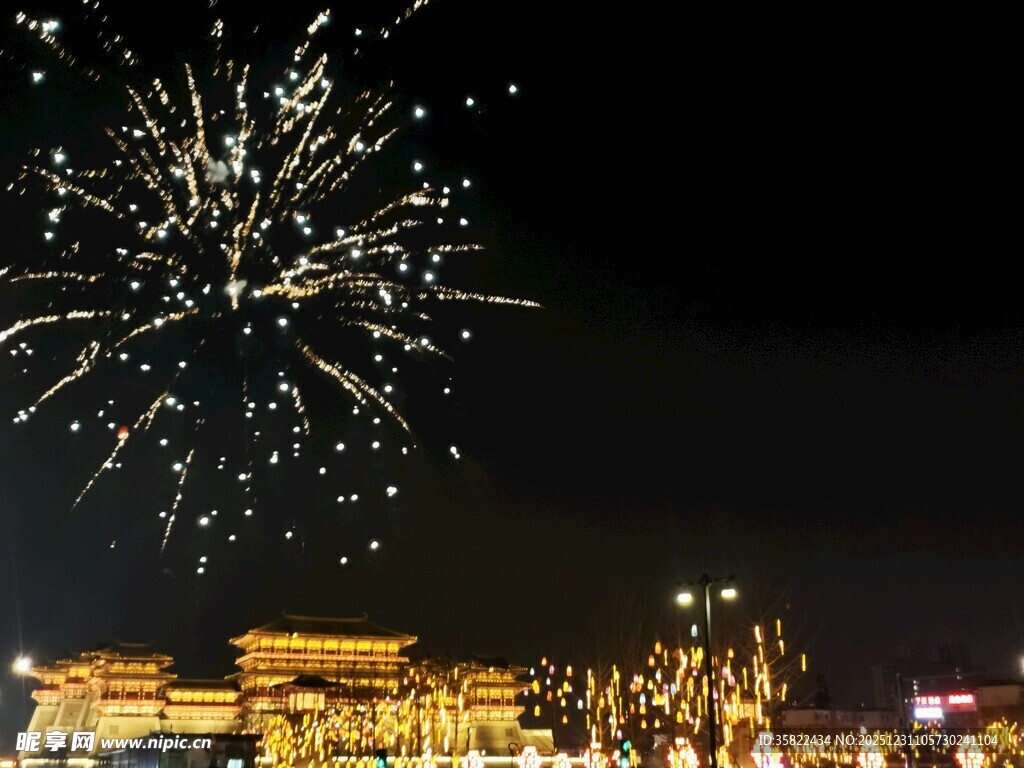 夜空中绚烂绽放的城市烟花