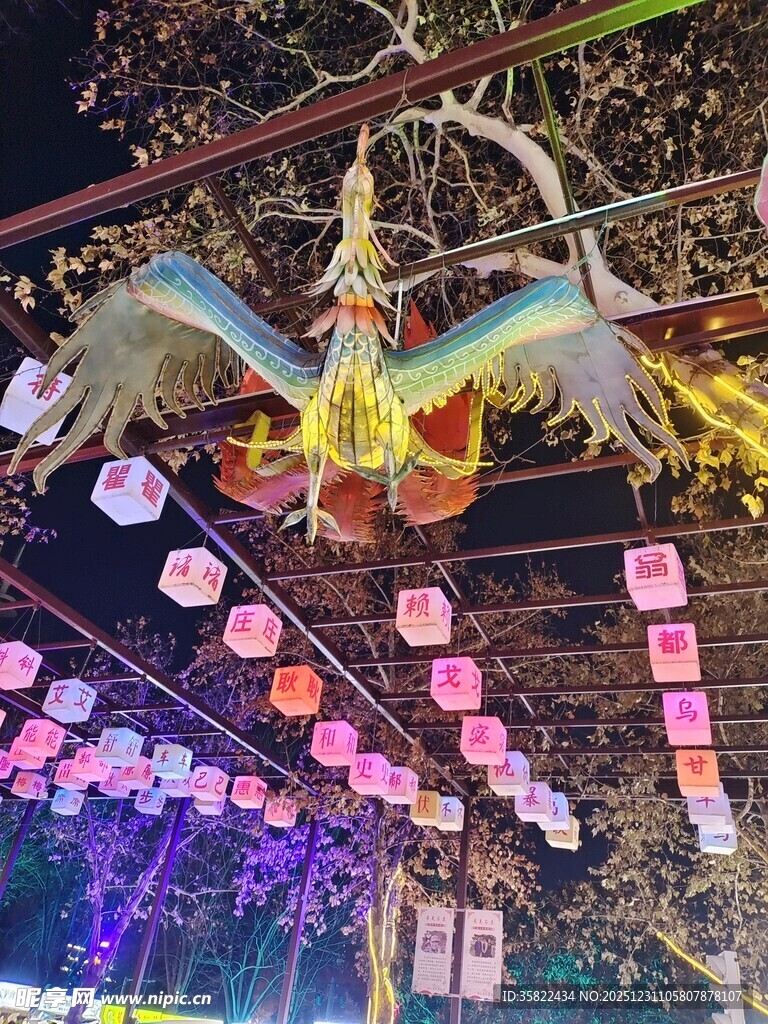 华丽凤形装饰与彩色灯笼