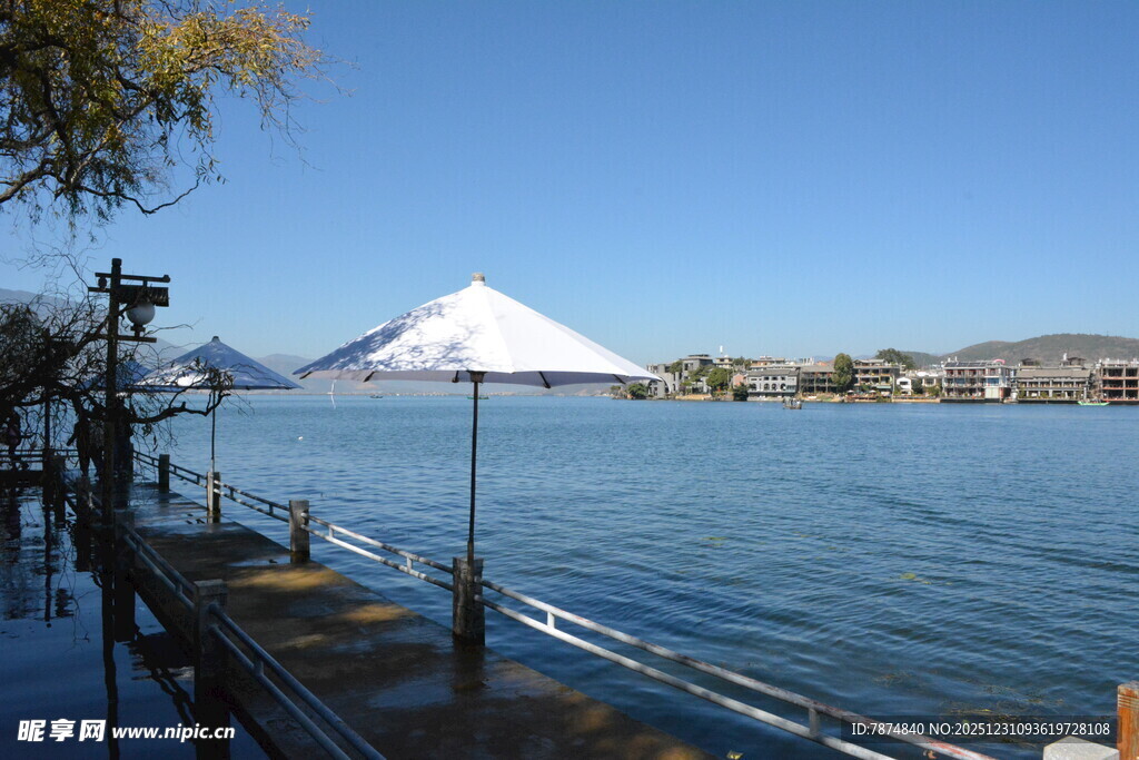 湖畔遮阳伞下的悠然景致