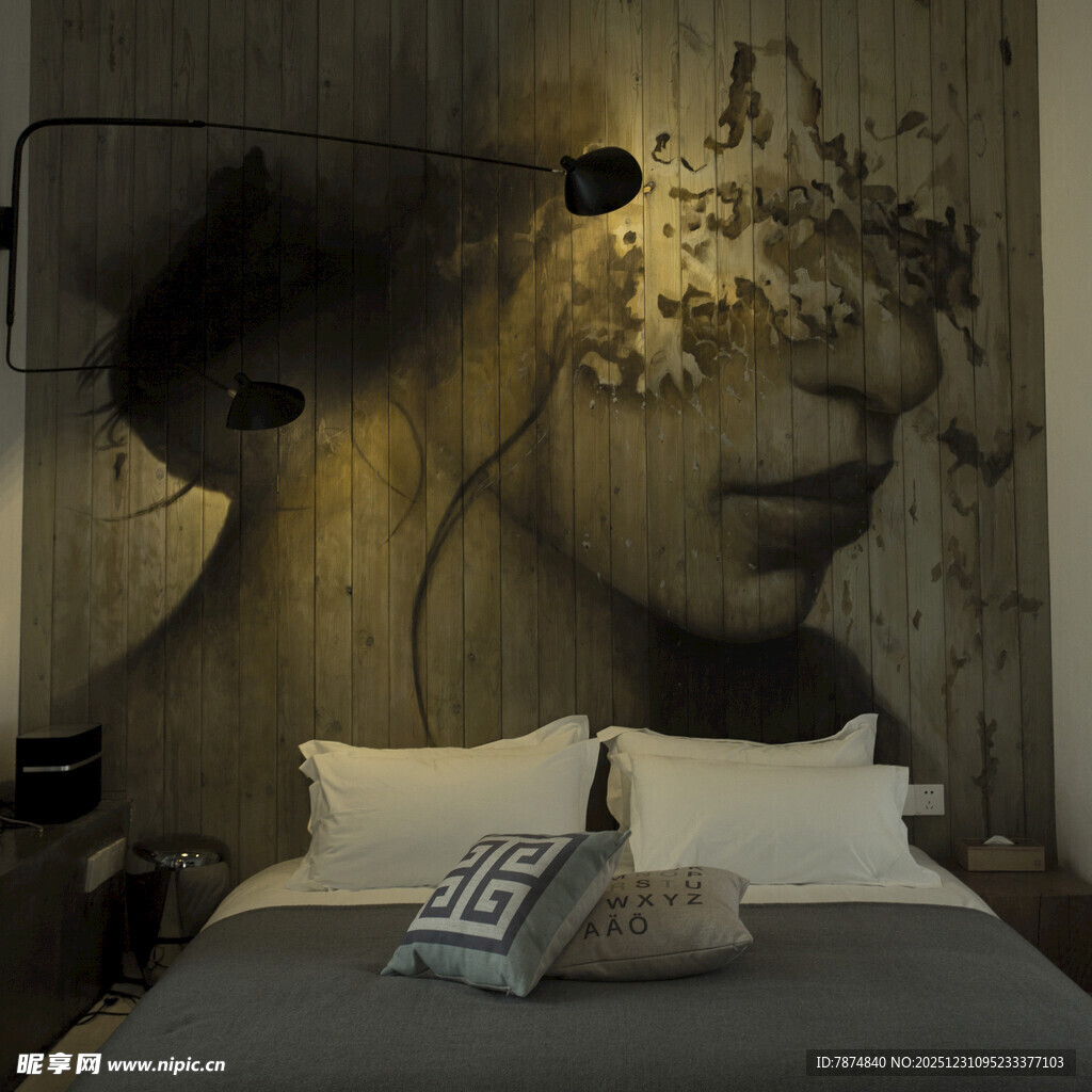 个性艺术床头壁画卧室场景