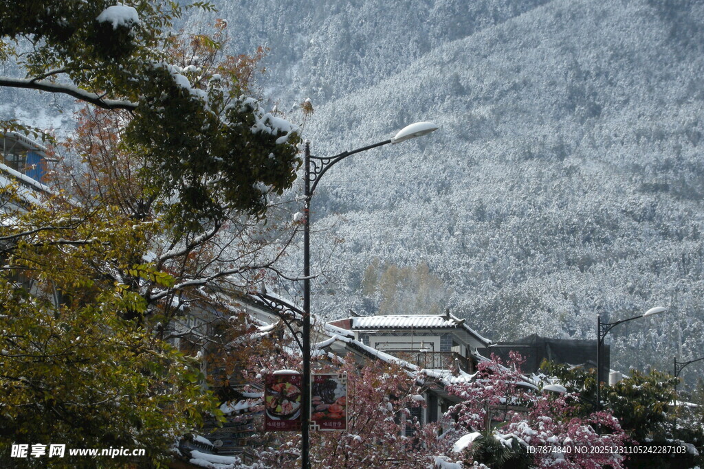 雪覆山村景色