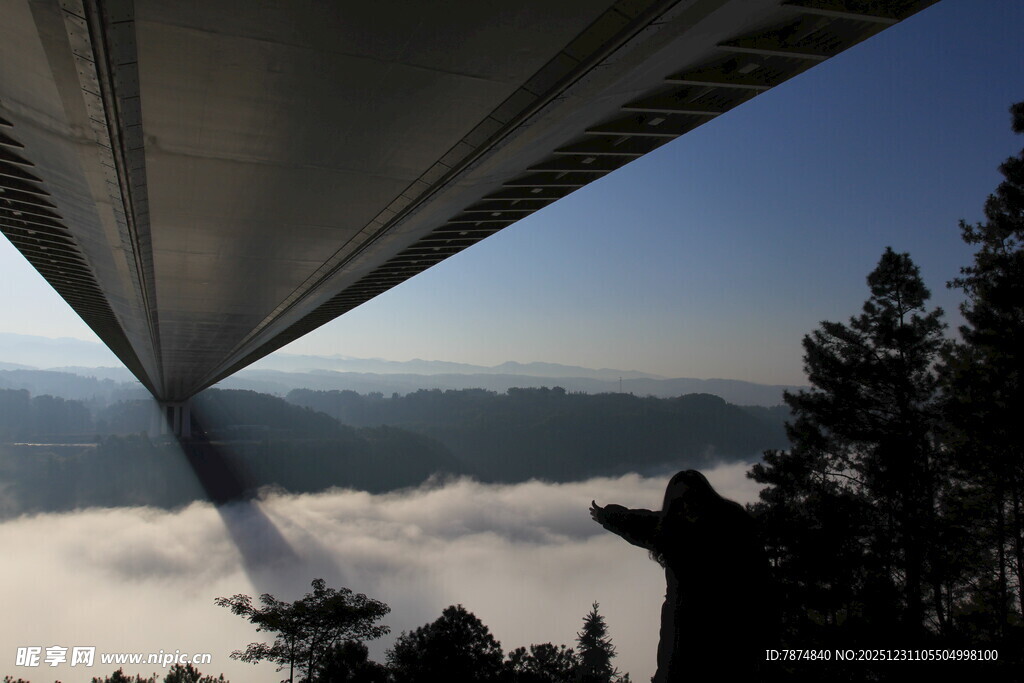 桥梁下的云海与山林