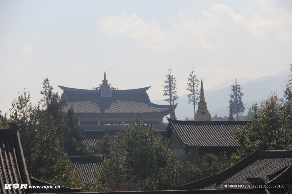 中式古建筑群隐于林木间