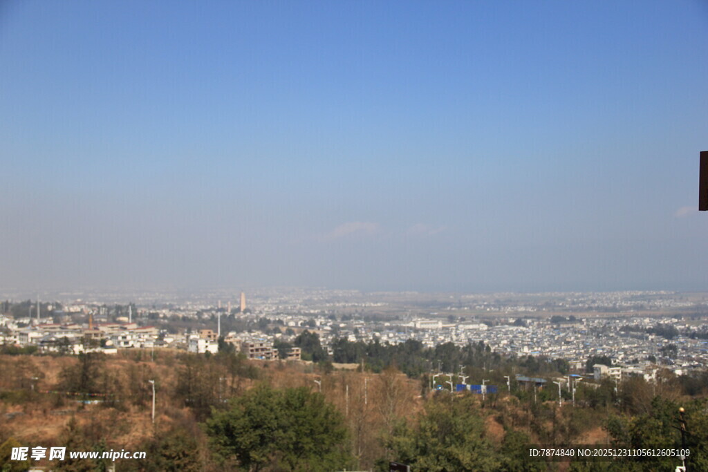 俯瞰城市与周边植被景观