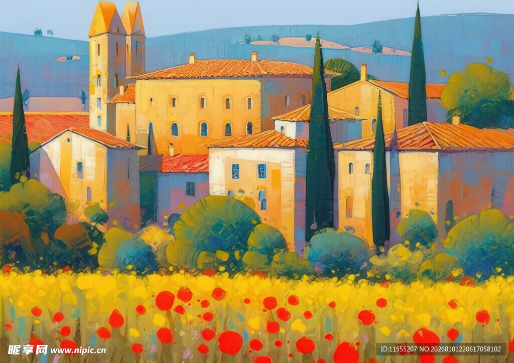 田园花海中的古朴小镇