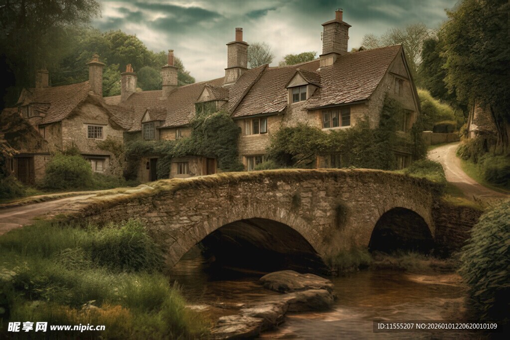乡村石桥旁的古朴村落