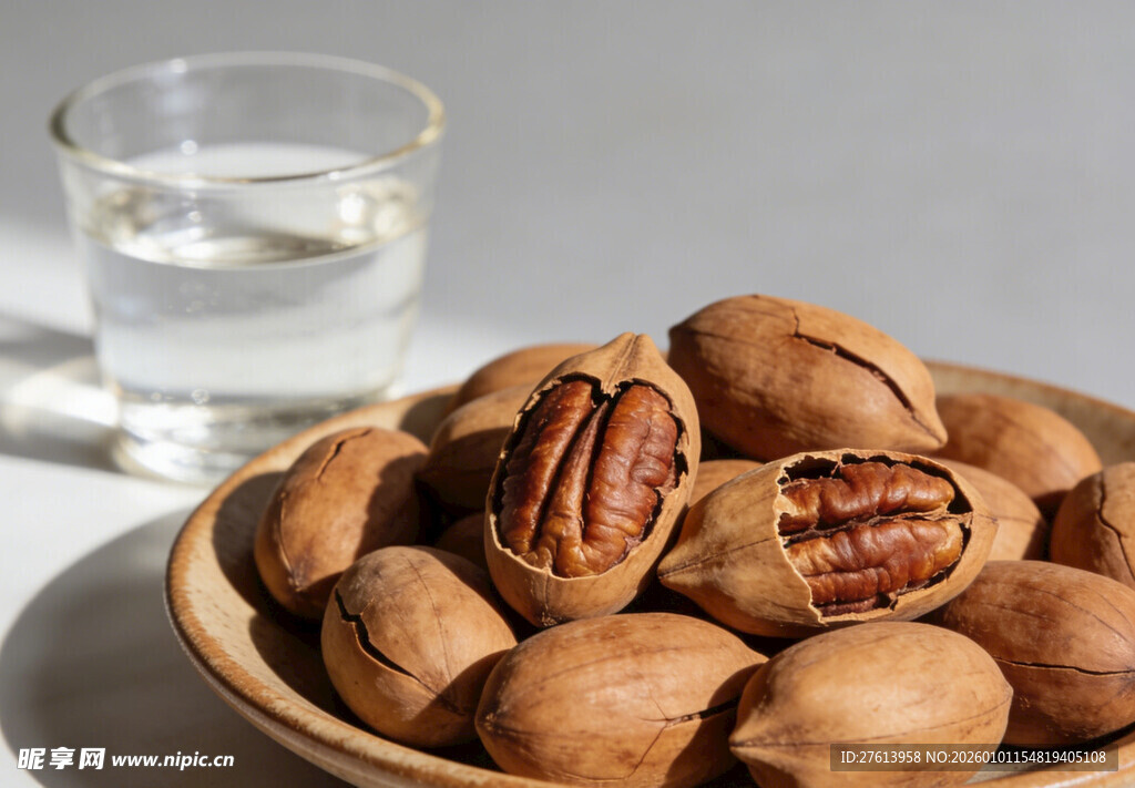 木盘里的美味碧根果