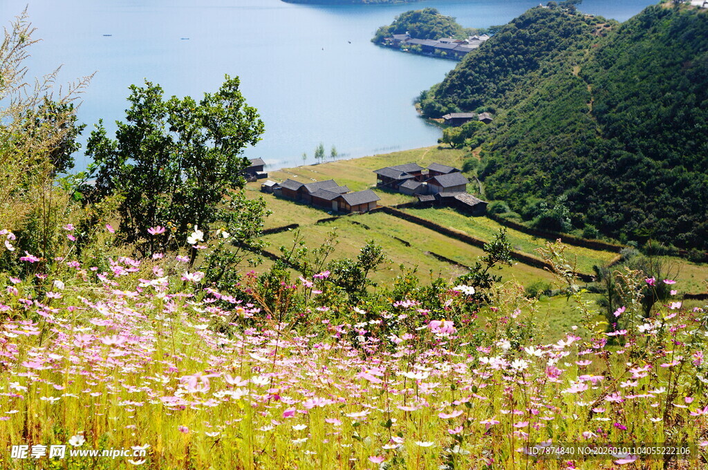 山间繁花伴湖景风光