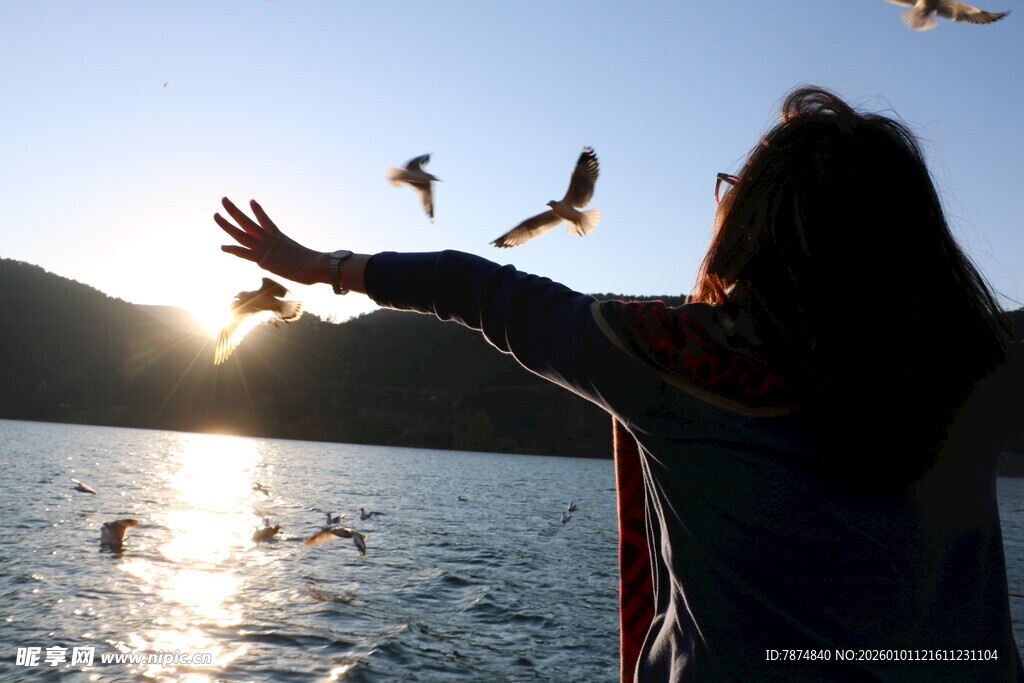 少女湖畔与飞鸟共舞