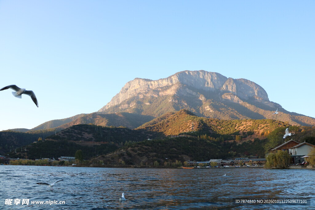 湖畔飞鸟伴巍峨山峦