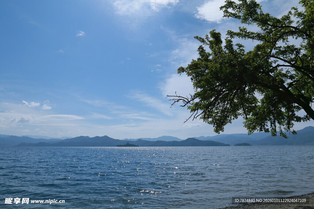 湖畔美景 绿树蓝天映碧波