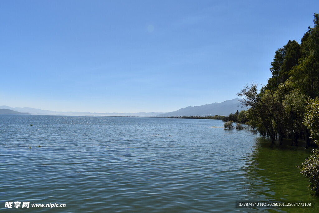 湖畔风光 碧水绿树蓝天