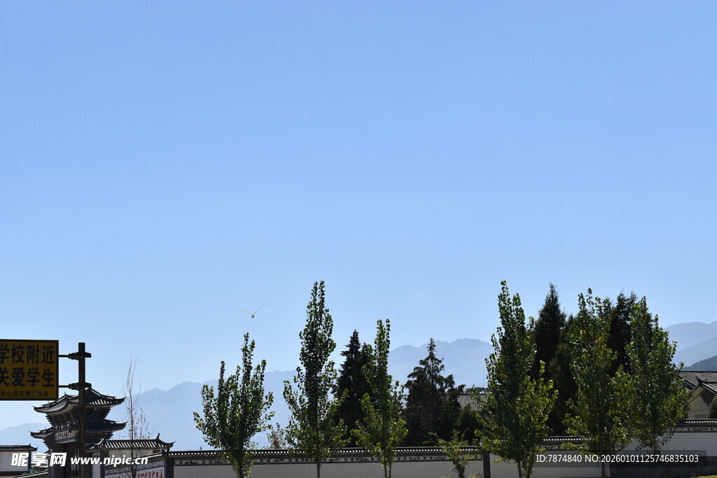 蓝天绿树旁的建筑景观