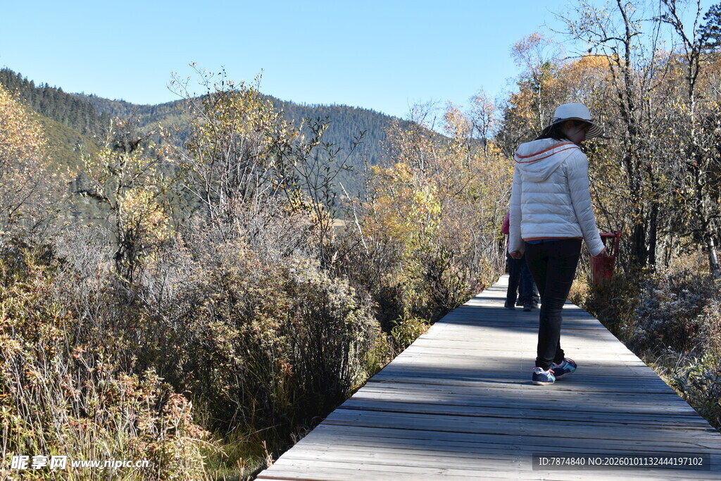 漫步山间栈道的女子