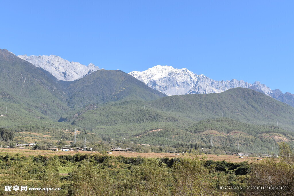 雪山下的绿色原野