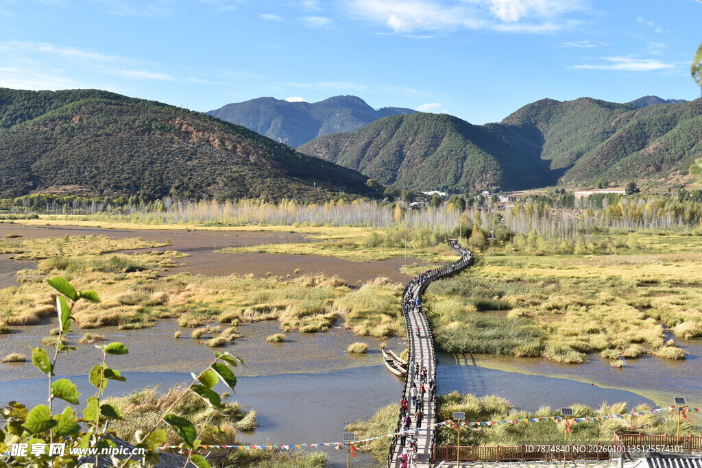 山间木桥横跨开阔湿地景观