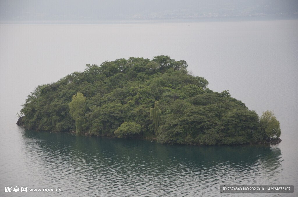 湖中小岛绿意盎然