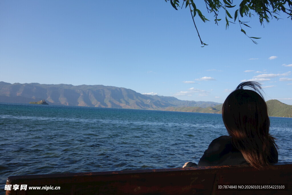 湖畔独坐的背影