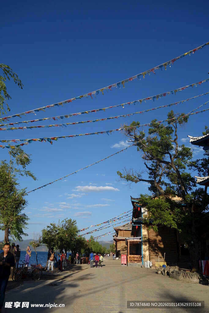 乡村街道彩旗飘扬的景象