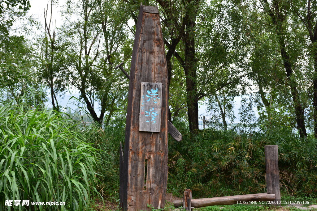 户外木桩标识牌与绿植