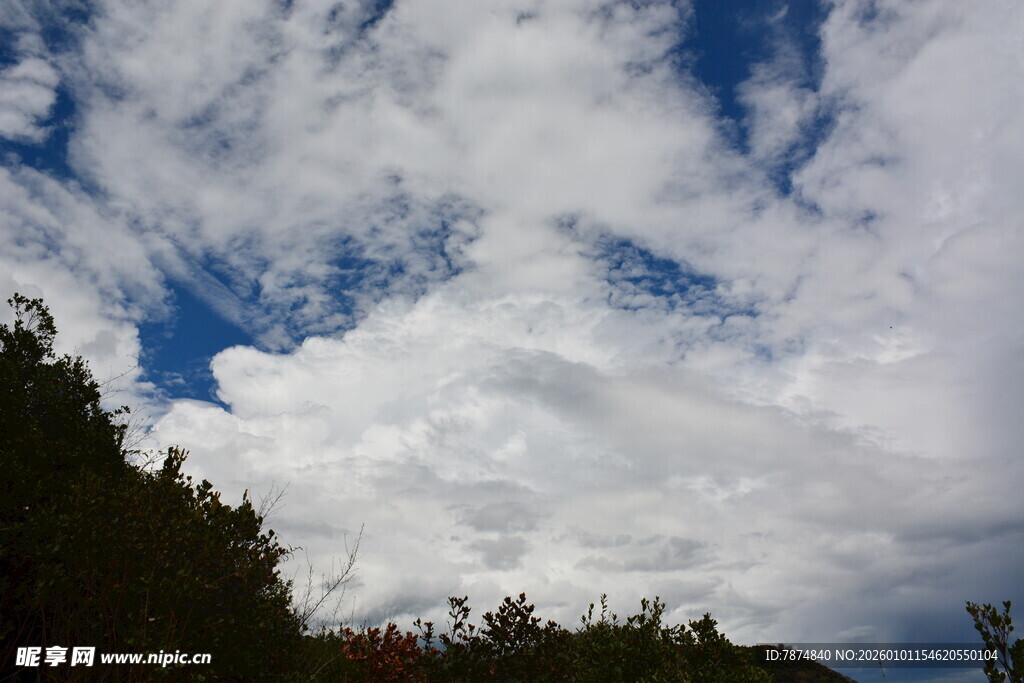蓝天白云下的山林景致