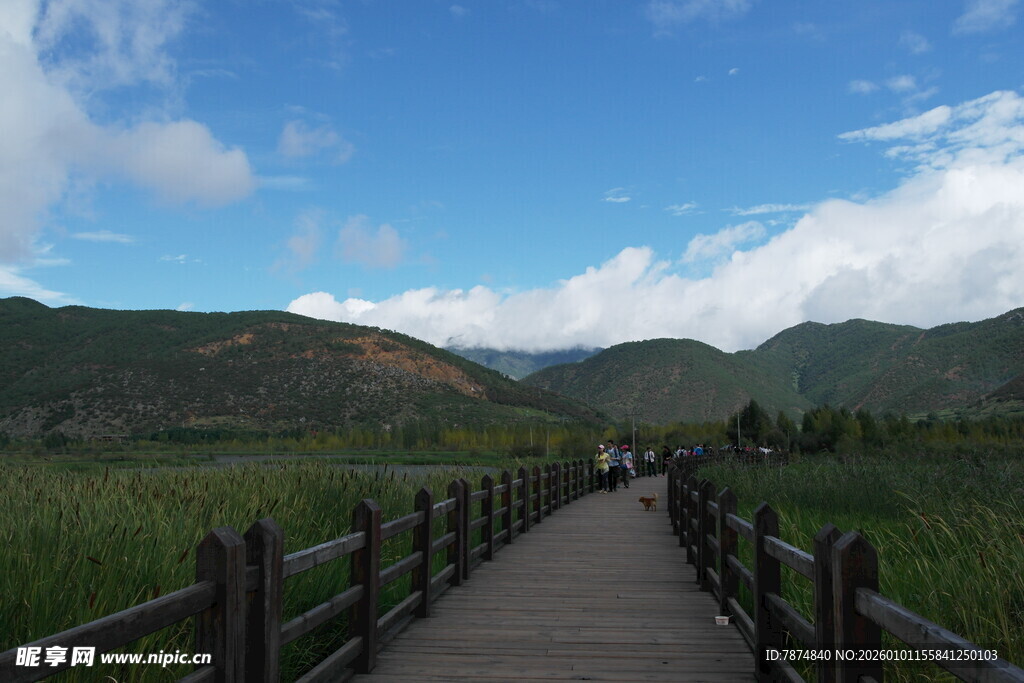 山间木栈道 绿野蓝天景