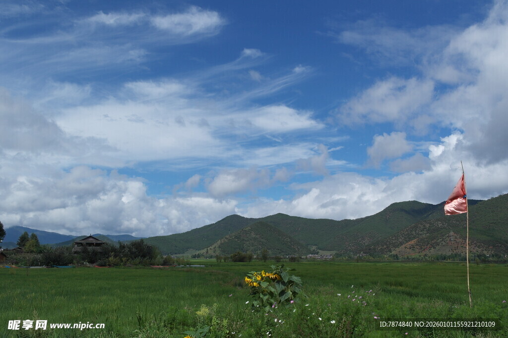 草原风光与飘扬红旗