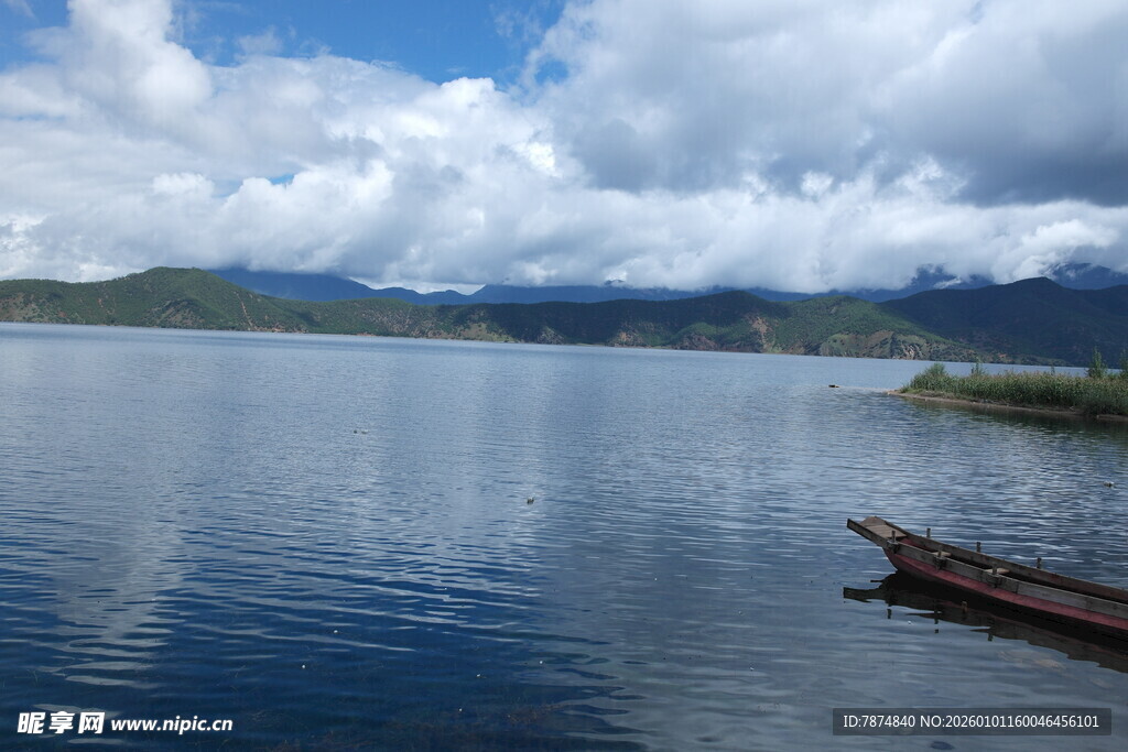 宁静湖面与漂浮木头