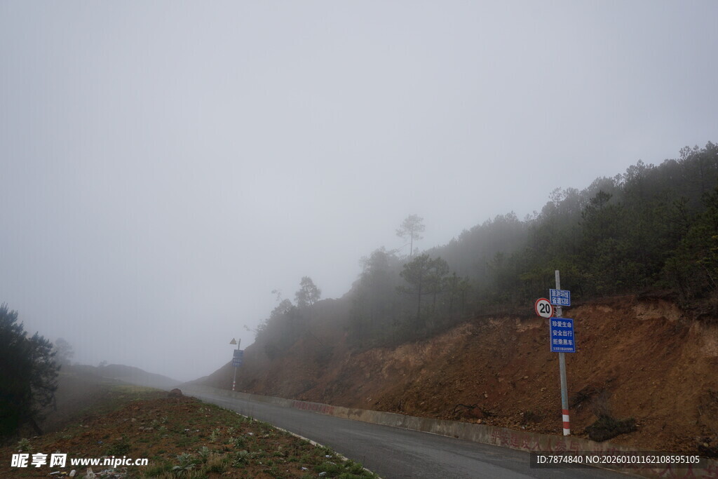 雾中蜿蜒公路景象